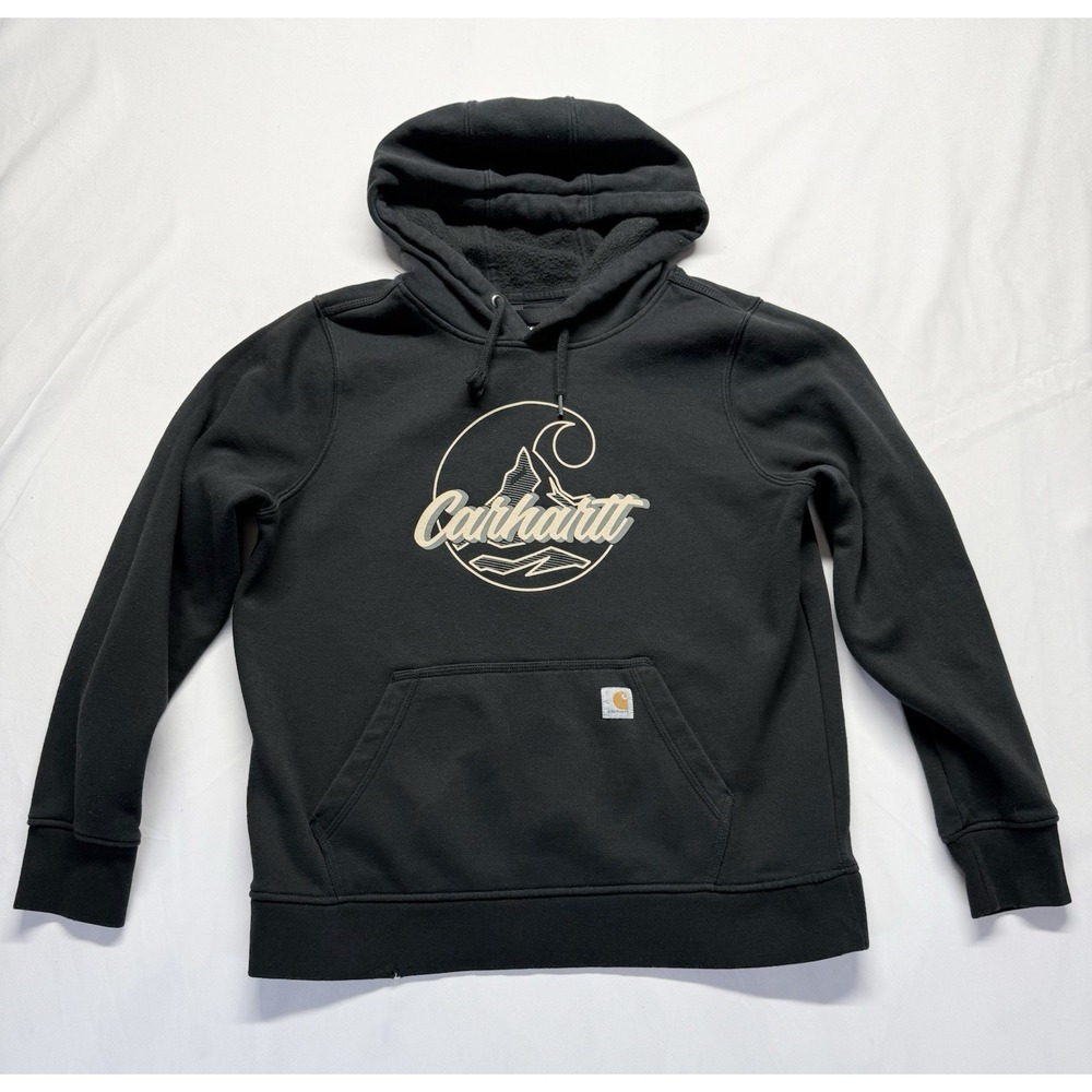 Carhartt Hoodie Mens Large Black Relaxed Fit Logo Sweatshirt pullover workwear